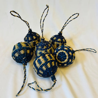 Navy Handwoven Seagrass Christmas Balls (Set of 4) – Boho Hanging Ornaments for Xmas Tree Decor