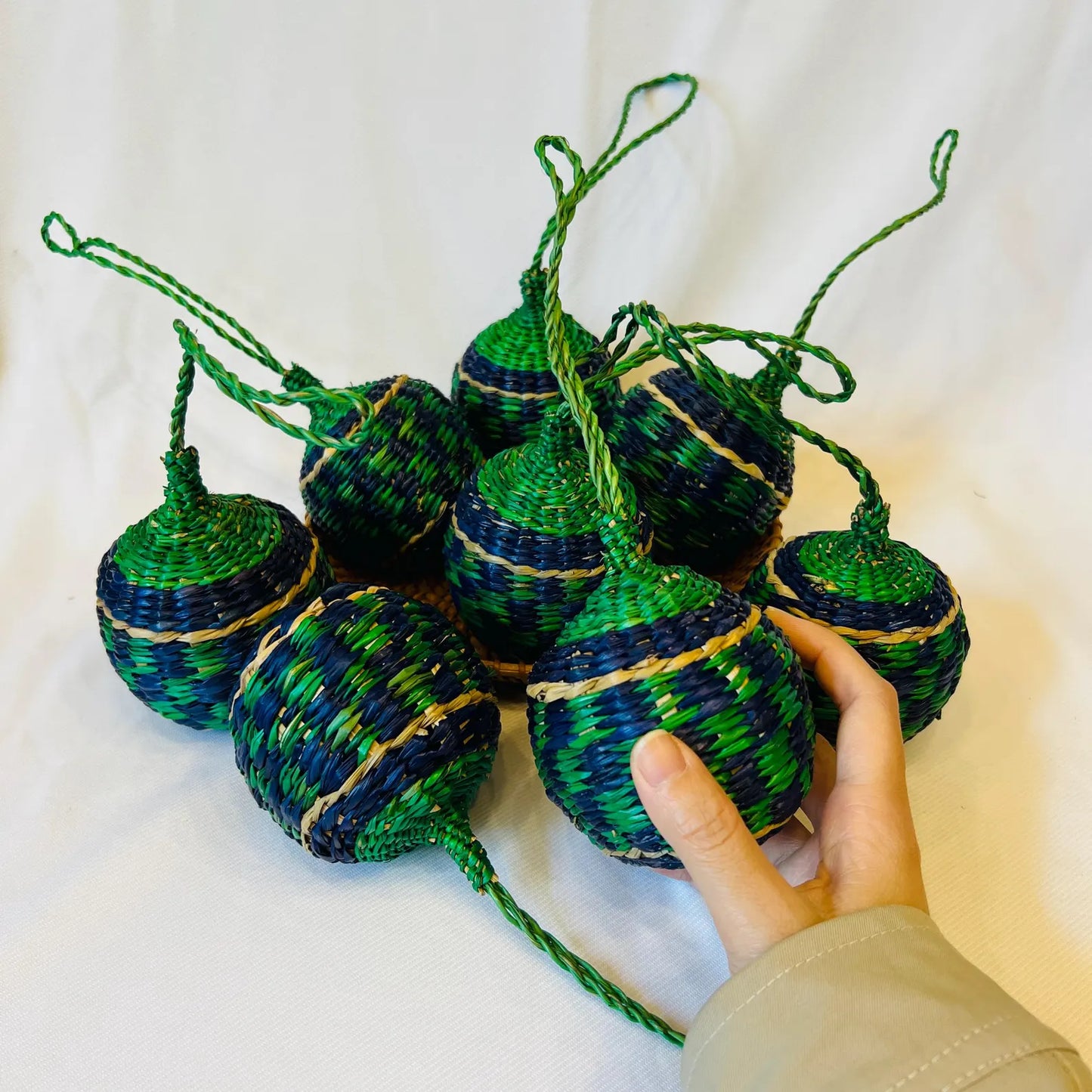 Woven Christmas Tree Ornaments Natural Fiber Handmade Holiday Decor