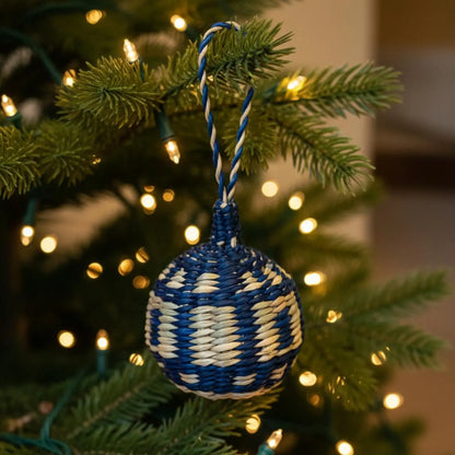 Navy Handwoven Seagrass Christmas Balls (Set of 4) – Boho Hanging Ornaments for Xmas Tree Decor