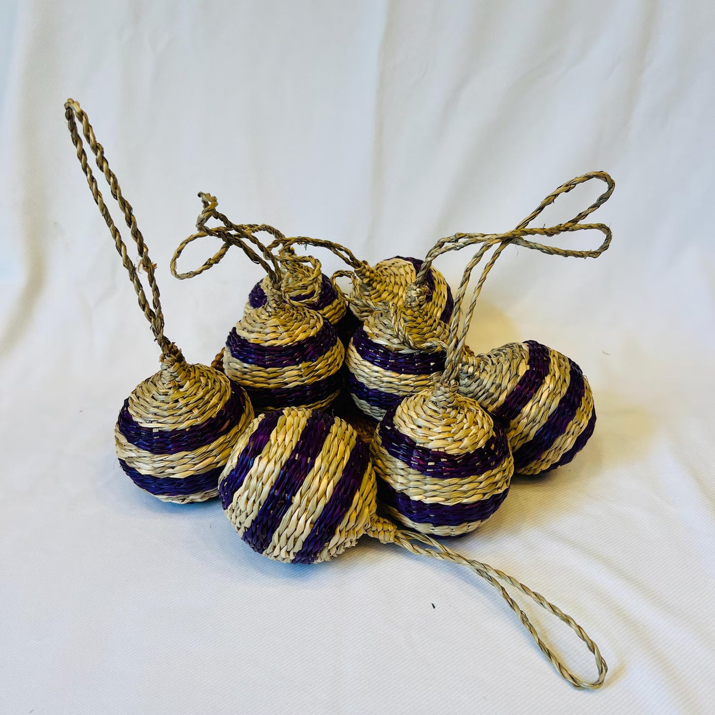 Handmade Purple Seagrass Christmas Ornaments Mexican Style Holiday Decor