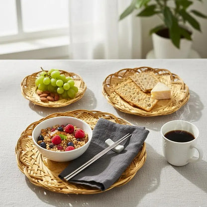 Set of 3 Woven Flower Shape Bamboo Flat Basket Tray: Handmade Round Woven Basket for Dining Table & Wall Hanging