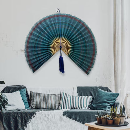 Handmade Ocean Blue Bamboo Wall Fan (40in) Coastal Boho Christmas Decor