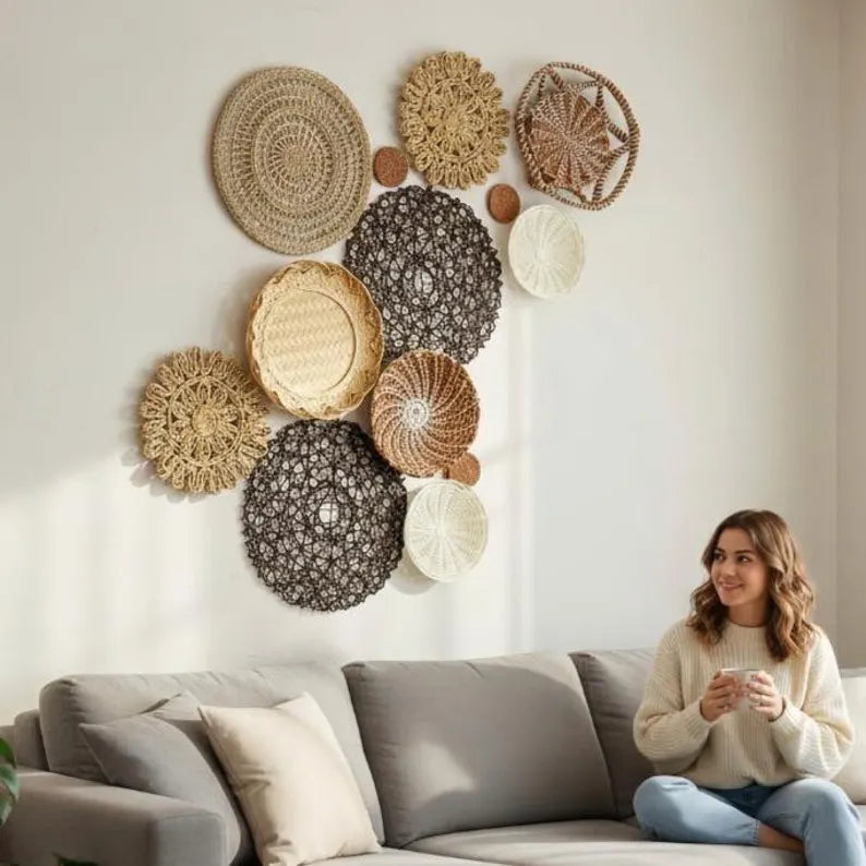 Woven Wall Basket Set: 13 Piece Boho Wicker Decor, Christmas Decor Boho Wall Art