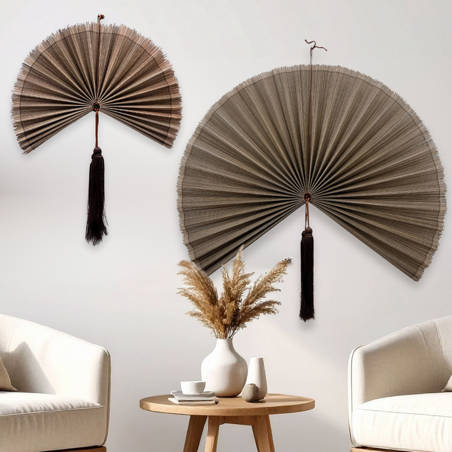 Handmade Bamboo Wall Fan Set – Chestnut Brown Wabi Sabi & Japandi Wall Decor for Headboard, Artisan Gift