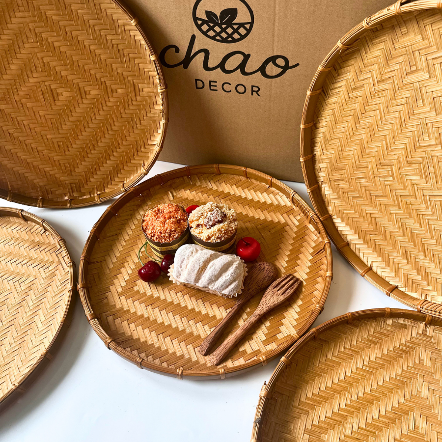 Natural Woven Bamboo Tray Set - Rustic Boho Home Decor