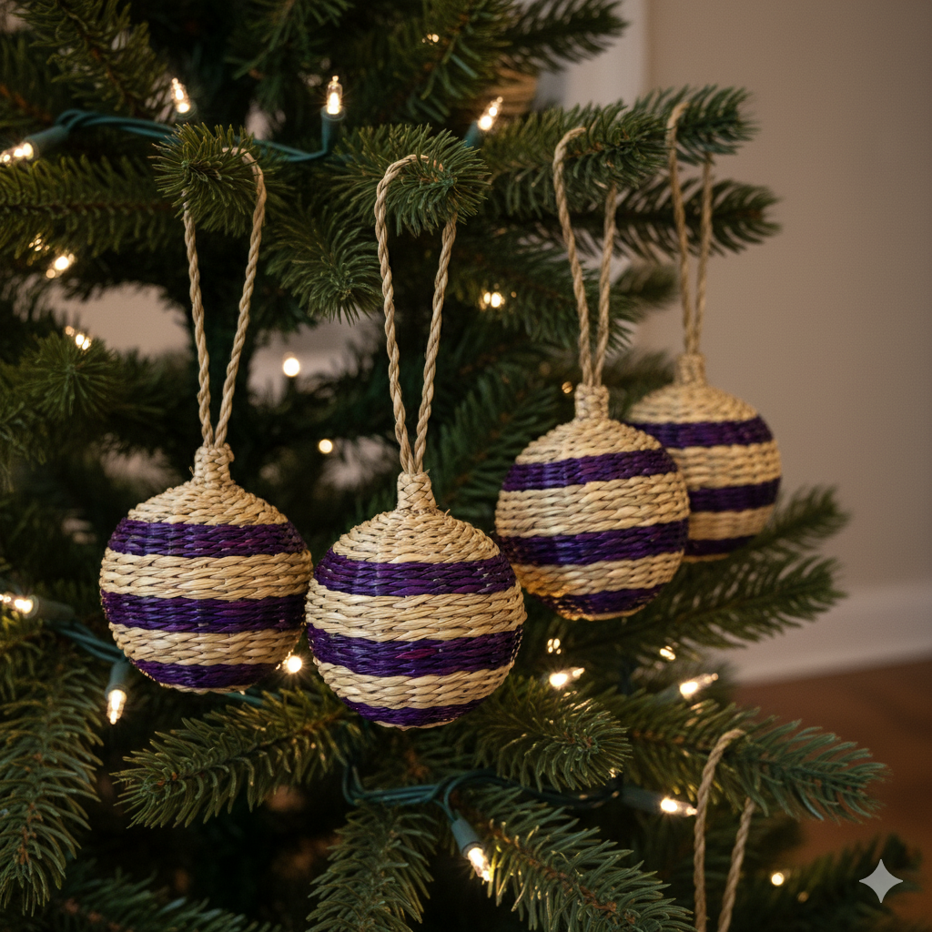 Handmade Purple Seagrass Christmas Ornaments Mexican Style Holiday Decor
